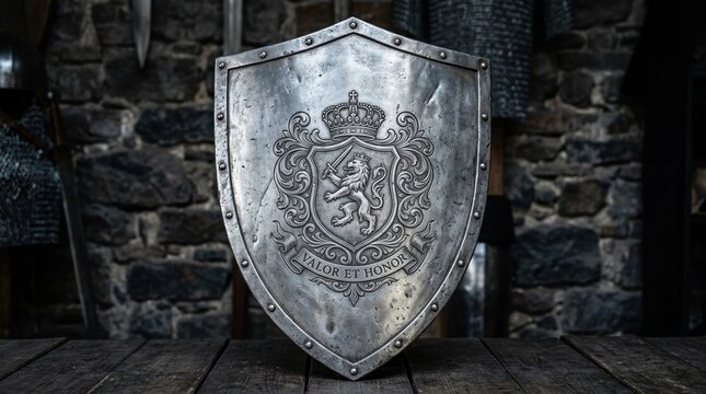 Medieval shield emblem armor with metal steel surface for warrior protection and defense, antique royal crest icon for heritage