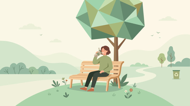 Solitary person relaxing on a bench beside a tranquil lake under a stylized tree in a peaceful park scene.