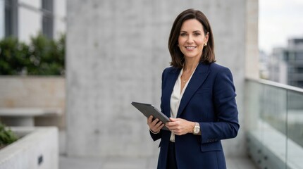 Fototapeta premium Professional woman portrait outdoors in a high-end studio with a clean grey background and elegant commercial lighting. The