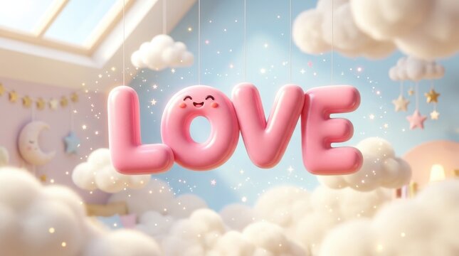Playful "Love" text made of soft, pink bubble letters floating in a bright and airy nursery environment with soft clouds. This