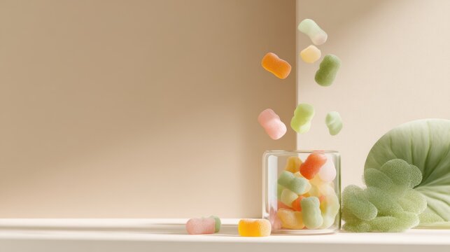 Assorted pastel gummy candies falling into a glass jar on warm beige background for confectionery packaging design and background