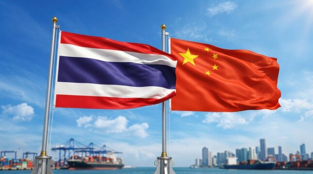 Thailand and China flags waving together elegantly in a bright blue sky to represent international trade and diplomatic