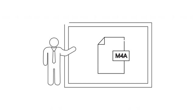 Man presenting M4A audio file format on a screen illustration.