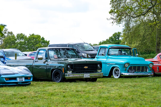 Earsham, Norfolk, UK - May 3 2026. Vintage American Chevrolet muscles cars on display at an outdoor classic car event