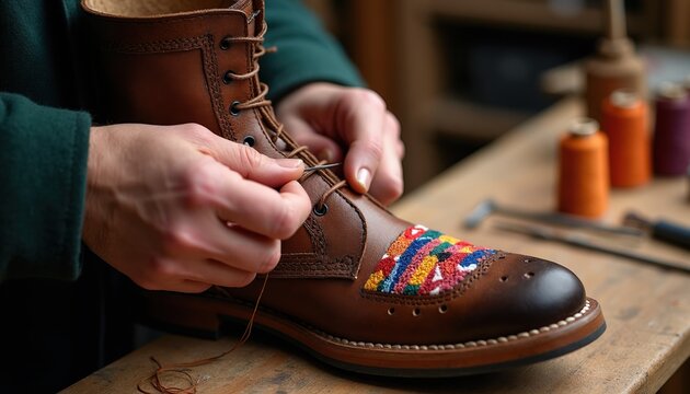 Artisan hand stitches colorful pattern onto brown leather boot. Close-up of footwear creation in workshop. Skilled hands assemble shoe, intricate detail work.