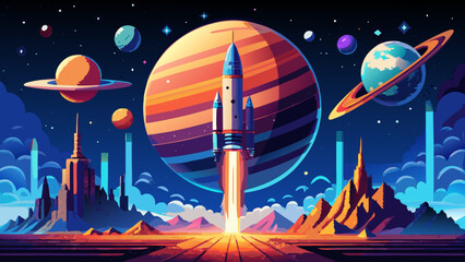 Space, Rocket Launch, Planets, Galaxy, Cosmic Scene, Vector Illustration © Adobe