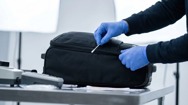 Security officer swabbing black luggage bag with test wand for explosives