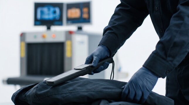 Security guard hands scanning passenger jacket with handheld metal detector wand