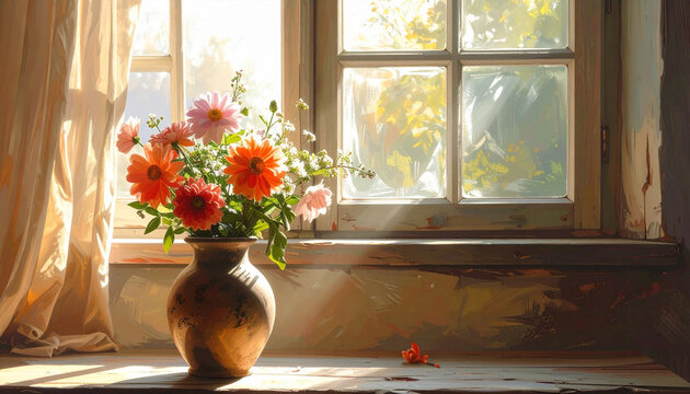 Painting of dahlias and daisies in a vase on a windowsill