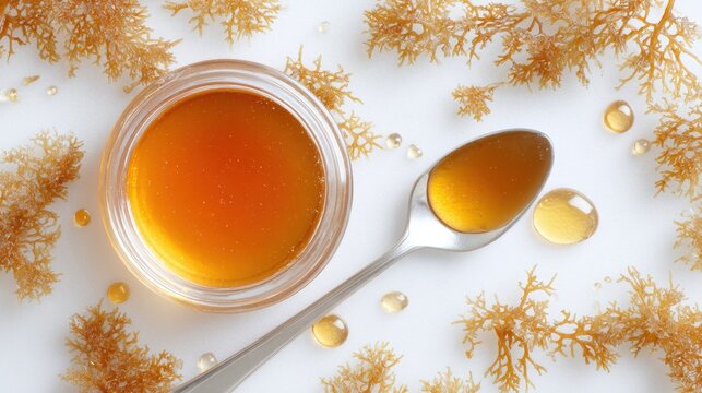 Top view seaweed honey gel in glass jar with spoon and amber droplets for organic beauty background and spa product design
