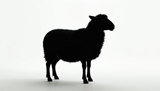 Black sheep silhouette stands against white background. Symbol of individuality difference and uniqueness. Animal stands alone as contrarian. Concept for nonconformity.