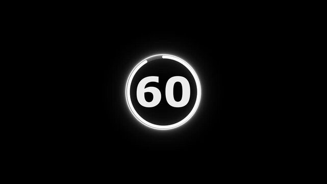 Circle countdown timer animation from 65 to 0 second animation on black background with alpha channel, 65 second countdown timer, special offers on promotional materials. Countdown video 4k video
