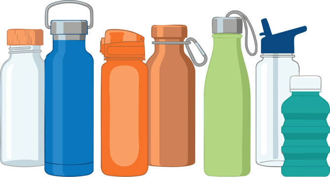 Collection of various reusable water bottles for fitness