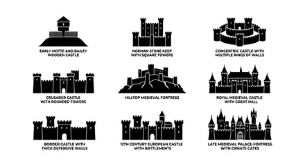 Obraz premium Medieval Castle Icons Set: Fortifications, Towers, Walls, Palaces, and Strongholds