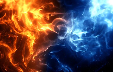Abstract fire and ice smoke background with vibrant red and blue flames on black backdrop © MD