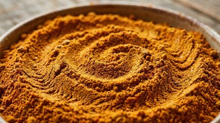 Naklejka premium Close up of curry powder with textured swirl patterns, spice surface for culinary, food and seasoning concepts, warm orange tones, aromatic detail and natural texture in a macro composition for menu