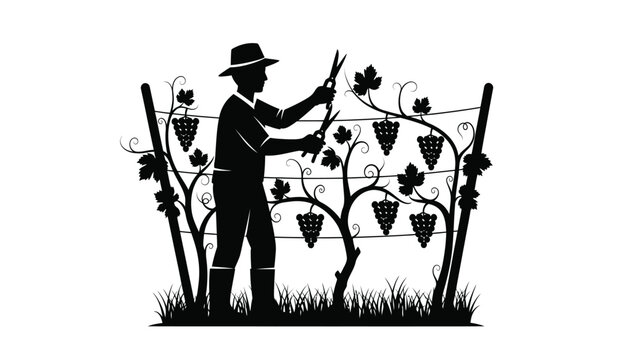 silhouette of a vineyard worker pruning grape vines with shears in a field silhouette high quality professional detailed modern elegant stylish clean crisp vibrant