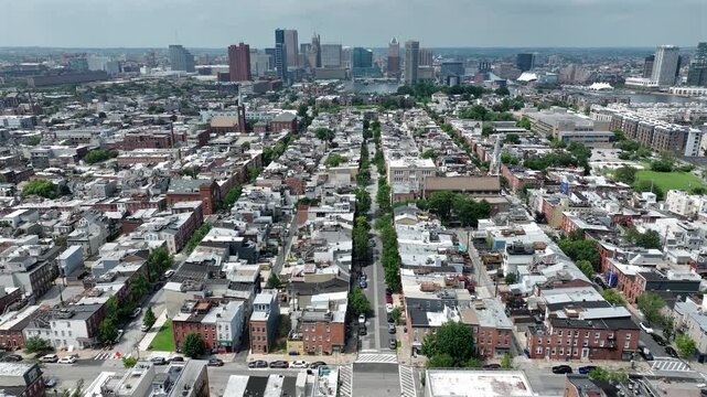 Riverside, Maryland, USA - June 9, 2025: Historic row homes stand in the beautiful Riverside neighborhood.