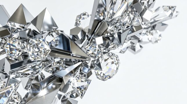 Metal and crystal geometric abstract background, luxury design with reflective surfaces, faceted elements and spatial depth for branding, technology and high end presentation use, composition with