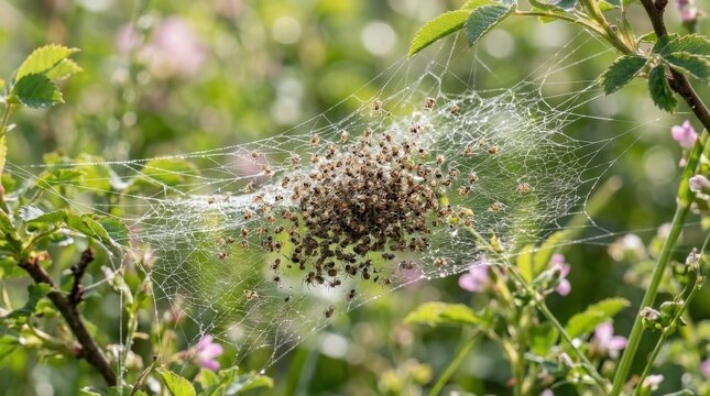 Cluster of baby spiders in a delicate web, intricate macro wildlife scene with fragile silk threads, tiny spiderlings, spring nature and biodiversity in an airy natural habitat, natural daylight,