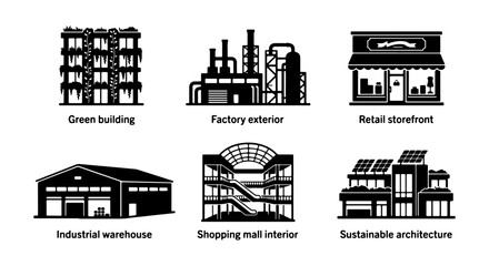 Obraz premium Building Icons: Green Architecture, Factory, Retail, Warehouse, Mall, Sustainable Design