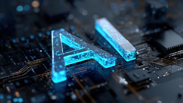 青く光るAIの文字が電子基板上に浮かんでいる様子。人工知能やテクノロジー関連のイメージ素材