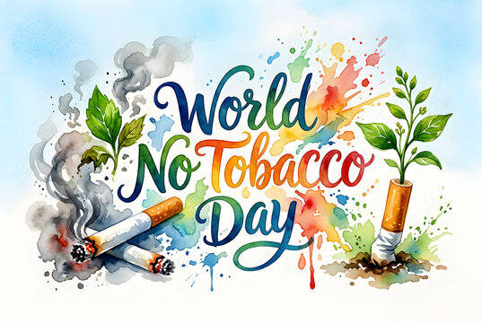 World no tobacco day banner with watercolor splash and cigarette concepts.