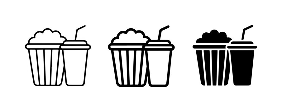 Popcorn and Drink Icons, Movie Snack Set, Cinema Refreshment Vector Graphics