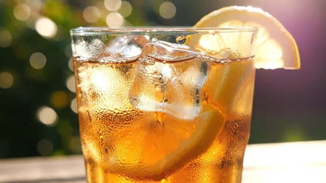 Glass of cold iced tea with fresh lemon slices and ice cubes on a table during a sunny day, condensation on the glass, refreshing summer beverage macro close-up.