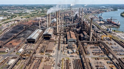 Fototapeta premium Aerial view of a steel plant with workshops and chimneys, heavy industry landscape for manufacturing, infrastructure, engineering and production themes, vast industrial layout, metallic structures,