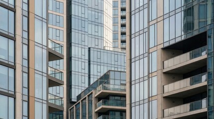 Fototapeta premium Composition of modern buildings as beautiful abstract architecture, urban facades arranged into a graphic city design scene, geometric lines, windows and perspective, contemporary real estate concept,