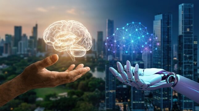 AI versus humanity concept with human and digital presence in visual tension, technology, ethics and future society theme, abstract contrast between organic identity and machine intelligence, dramatic