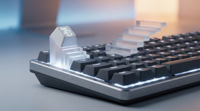 Escape key button rising from a keyboard with visible stairs, creative technology concept symbolizing exit, stress relief or digital escape, clean modern composition, soft studio light, realistic key