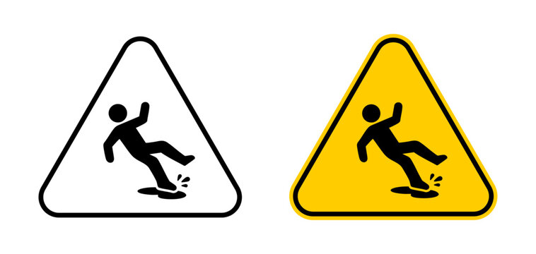 Slippery slope warning icon in solid yellow triangle with hazard symbol for workplace safety, industrial caution, slip prevention and accident risk warning
