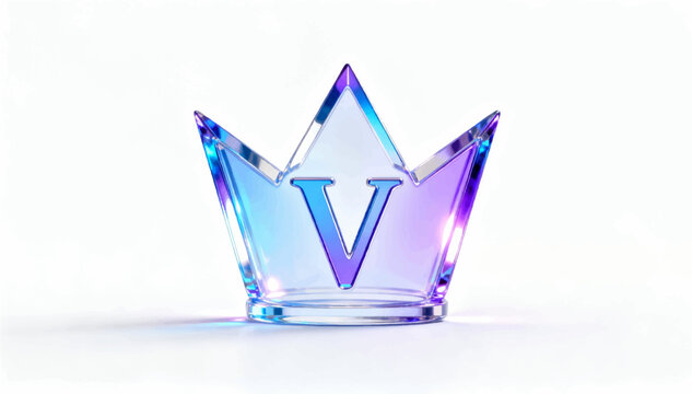 A 3D vector minimalistic crown logo with a central V that shimmers like holographic blue and purple glass on a white background.