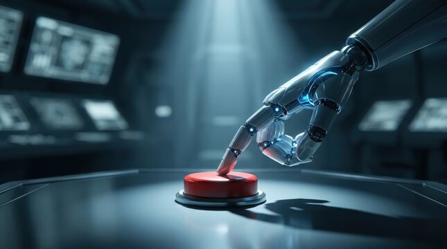 Robotic hand pressing red button, artificial intelligence threat and global control concept, futuristic tension scene, dramatic lighting, clean minimal background, no logos