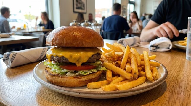 Classic meal with cheeseburger and fries, casual restaurant combo with juicy burger and golden side dish in appetizing presentation, realistic detail, no logos