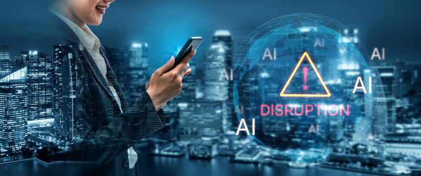 Disruption warning future of work, featuring AI agents replacing human jobs. Represents labor unemployment, corporate automation cost shift, and need for new career reskilling and upskilling. Corpus