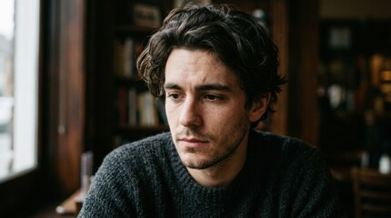 Obraz premium Close up portrait of young man with contemplative expression, thoughtful male face in soft light, natural skin texture and moody atmosphere, no logos