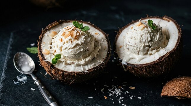 Coconut ice cream scoops with halved coconuts on a black background, creamy tropical dessert with fresh coconut texture and dramatic contrast, indulgent food styling, moody light, no logos