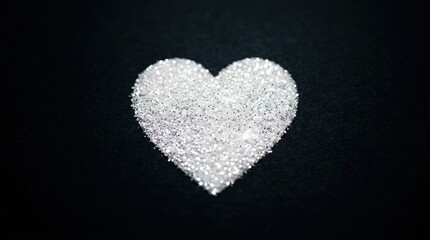 Fototapeta premium Heart shape made of sparkling white glitter on black background, romantic celebration concept, elegant minimal composition, high contrast, no logos