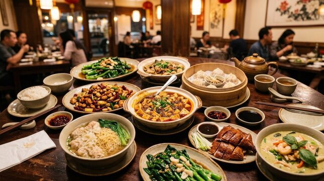 Chinese meal dishes in restaurant, assorted Asian cuisine, savory dining table spread, authentic plated food, warm ambient lighting, no logos
