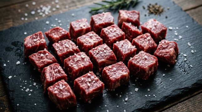 Cubed raw beef chunks with salt on a black surface, fresh premium meat close up with rich texture and clean culinary styling, realistic detail, no logos