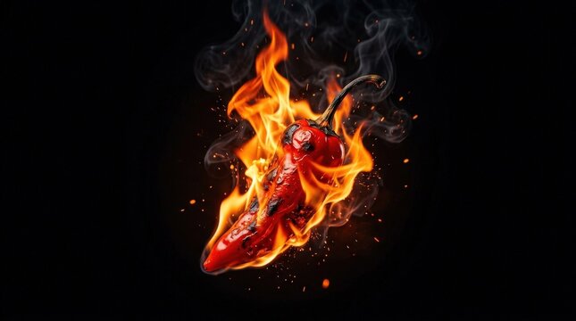 Fiery red chili pepper burning against a black background, intense spice concept with glowing flames and bold contrast, dramatic food image, high detail studio scene, no logos