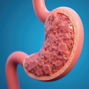 Stomach lining with acute erosive gastritis shows shallow breaks across mucosa. Medical illustration of digestive organ damage, inflammation. Diagnosis of stomach ailment. Health care concept