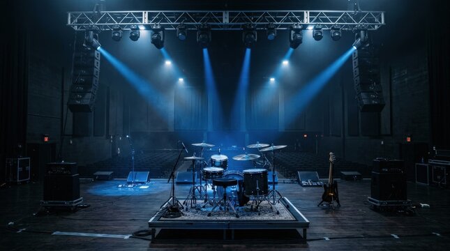 Empty concert stage with drum kit and blue spotlights, live music venue ready for performance, dramatic entertainment scene, moody atmosphere with beams of light, realistic stage detail, no logos