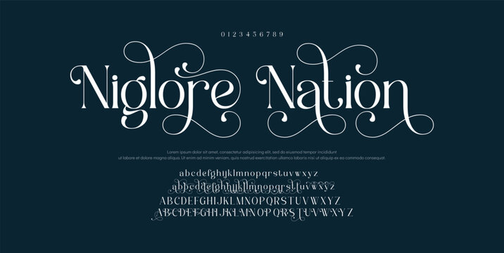 Niglore Nation Elegant alphabet letters font logo. Typography luxury classic lettering serif italic fonts decorative wedding vintage retro logos. vector illustration