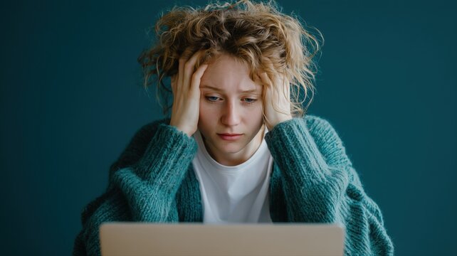 パソコンの画面を見て悩んでいる女性。仕事や勉強のストレスや困難なシーンに使えるイメージ素材。