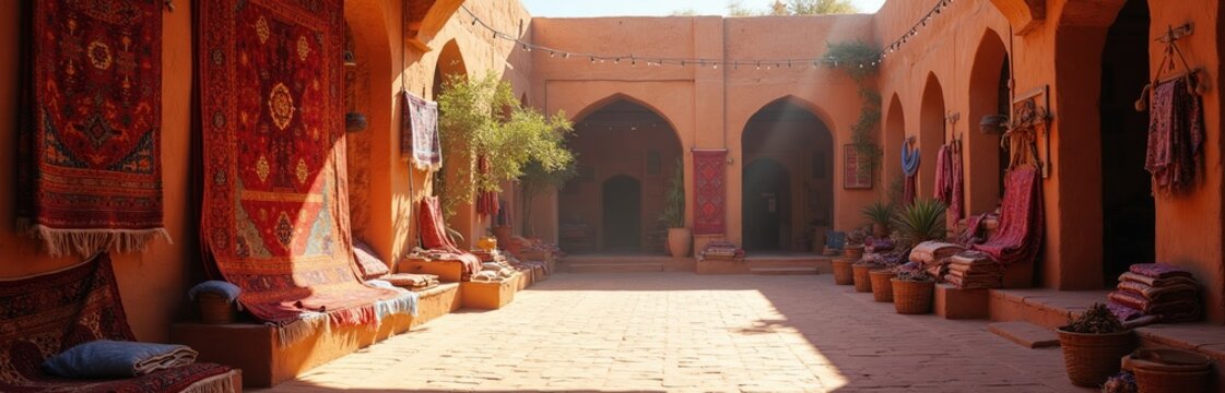 Courtyard of a building with arched doorways and colorful textiles. Many patterned rugs hang on walls and are folded on display shelves. Bricks pave the ground.