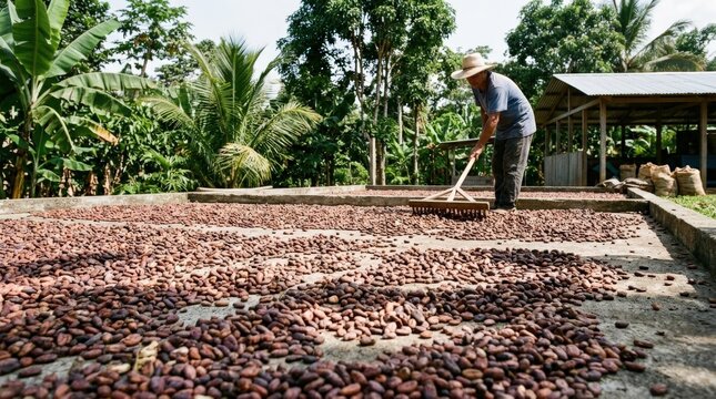 Assorted cacao beans drying in the sun outdoors, chocolate production process, agricultural harvest, natural fermentation and drying stage, tropical farming concept, rich earthy tones, textured bean